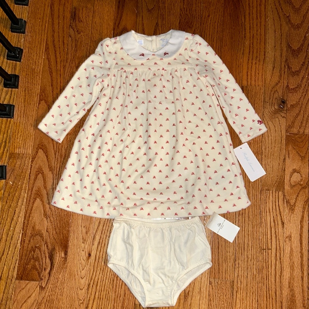 Ralph Lauren Baby Cream Velour Reindeer Print Dress-18M